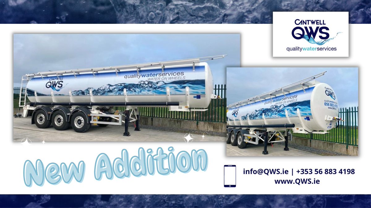Our new <a href="/CantwellQws/">Cantwell QWS</a> tanker has arrived at HQ✨
Branded &amp; wrapped with thanks to <a href="/cmsigns_print/">CM Signs</a> 👏
This new addition to our #WateronWheels fleet allows for greater #watersupply &amp; delivery #nationwide 💦
Get in touch📱
QWS.ie | info@qws.ie | + 353 56 883 4198