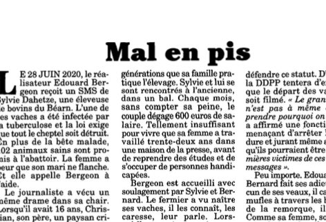 France5servicepresse (@servicepressef5) on Twitter photo #LaPresseenParle
🖊️A lire le papier du <a href="/canardenchaine/">Le Canard enchaîné</a> 
« L’amour vache » réalisé par Édouard Bergeon diffusé dim 05/03 à 20.55 dans <a href="/lemondeenface/">Le Monde en Face</a> <a href="/melanietaravant/">Mélanie Taravant</a>
“Le fermier a vu naître ses vaches, il les connaît, les caresse, leur parle…» Sorj Chalendon #LaPresseenParle
🖊️A lire le papier du <a href="/canardenchaine/">Le Canard enchaîné</a> 
« L’amour vache » réalisé par Édouard Bergeon diffusé dim 05/03 à 20.55 dans <a href="/lemondeenface/">Le Monde en Face</a> <a href="/melanietaravant/">Mélanie Taravant</a>
“Le fermier a vu naître ses vaches, il les connaît, les caresse, leur parle…» Sorj Chalendon