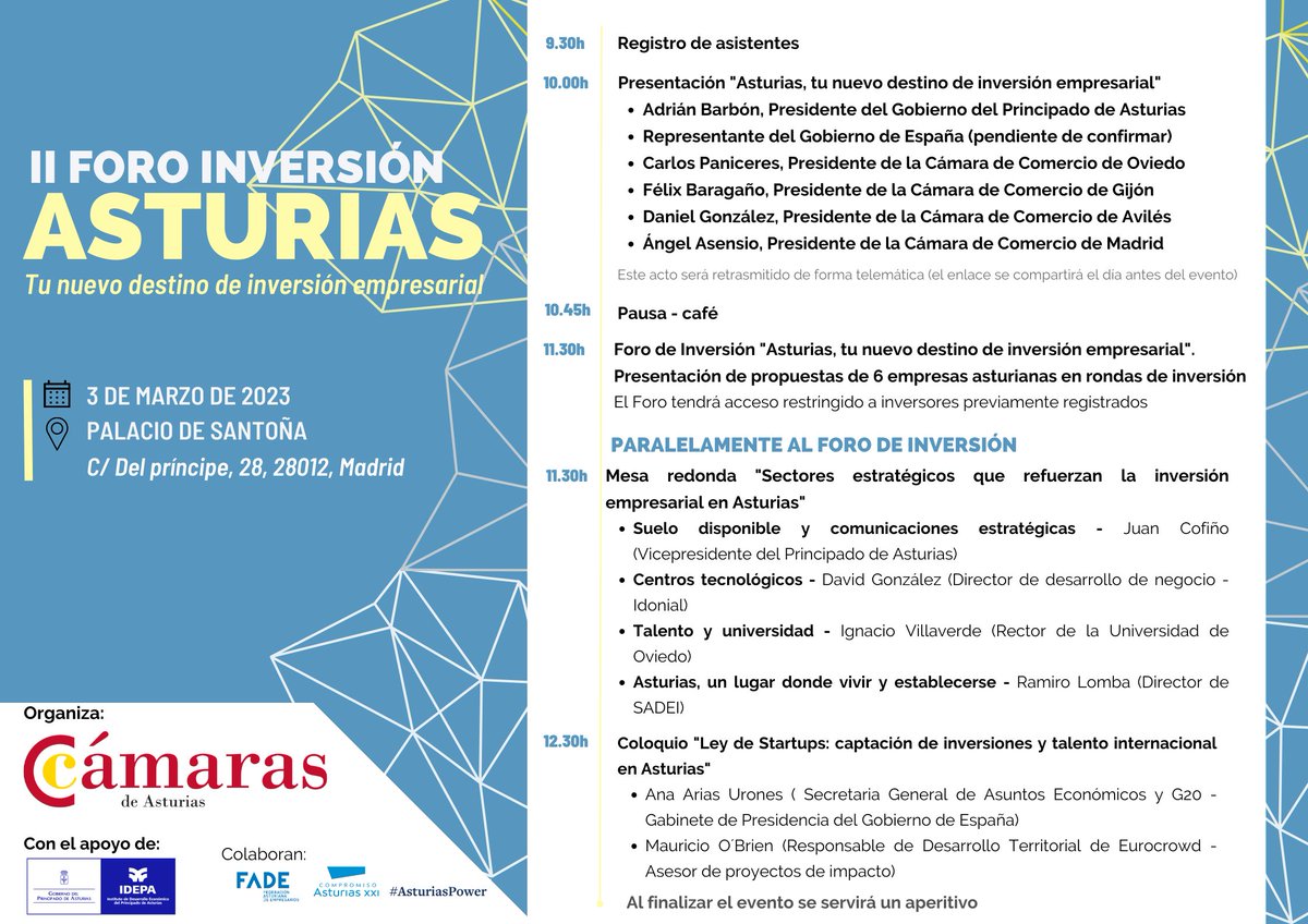 Este viernes 3 de marzo las #Cámaras de #Comercio de #Asturias por medio de la Oficina de Captación de Inversiones, celebramos el II #Foro de #Inversión “Asturias, tu nuevo destino de inversión empresarial”

Regístrate para seguirlo online aquí: t.ly/GMGn