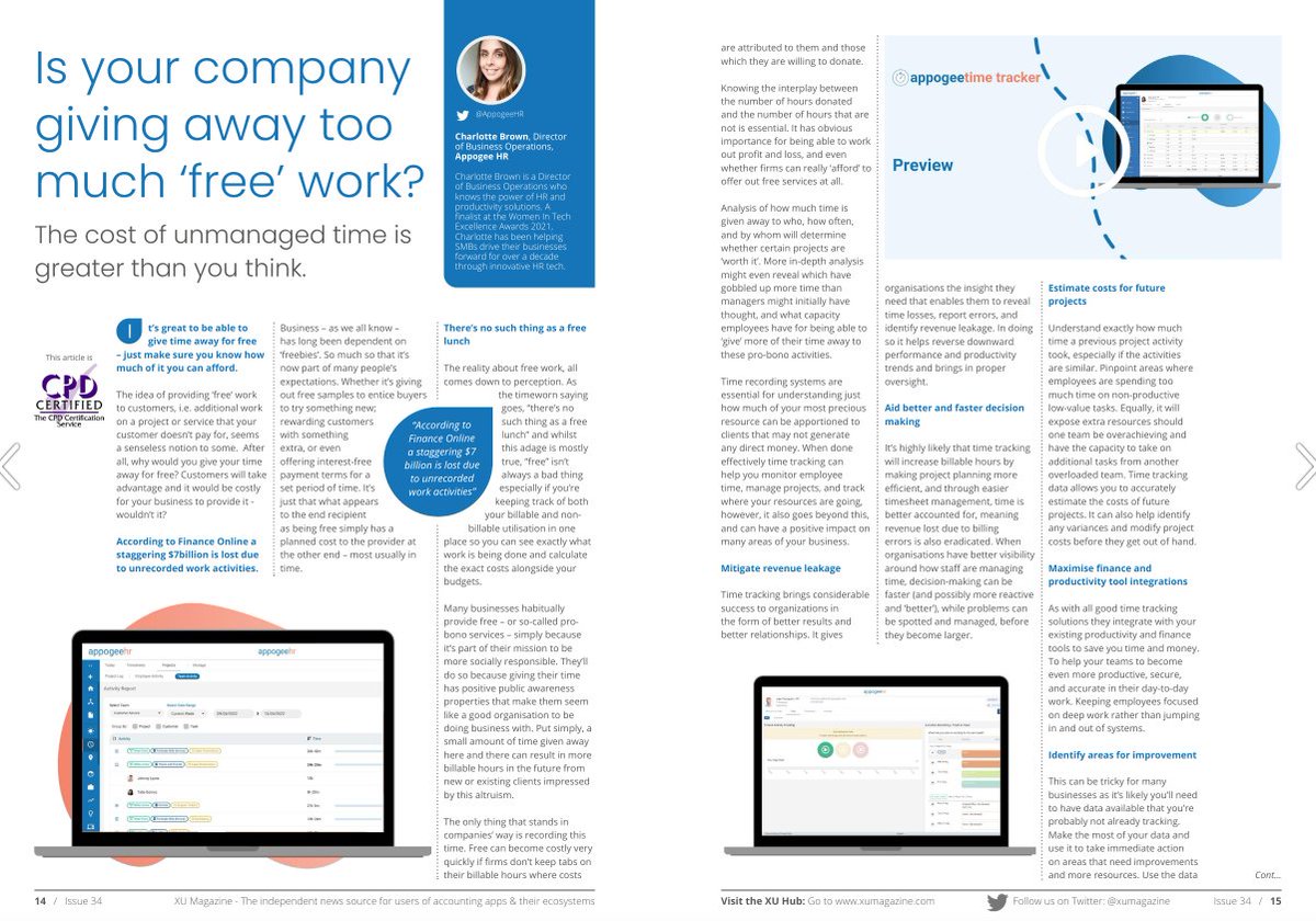 AppogeeHR's tweet image. Our very own Charlotte Brown, Director of Business Operations, talks about the true cost of unmanaged time in the latest issue of XU Magazine. Take a look at the full article here - #timetrackingsoftware #productivty #HR #smallbiz #HRsoftware #Xero