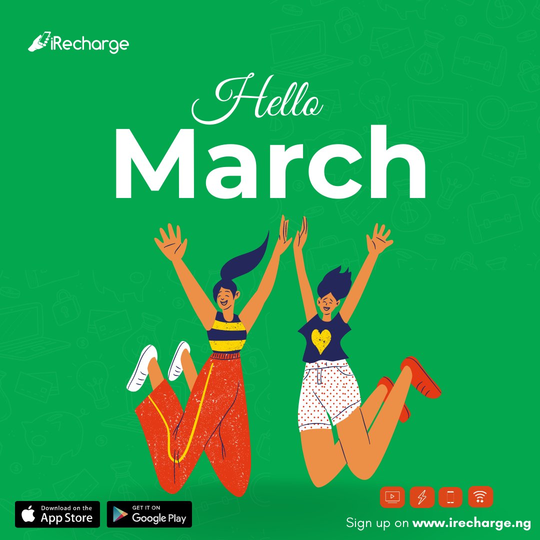 iRechargeNG's tweet photo. We are iRecharge welcome you to the month of March.
We are wishing prosperity, happiness, love and good health though out this month.
TM
#fintech #utilitybillpayment #electrcitybills #prepaidandpostpaid #electrcitymeter #cabletv #Airtimeanddata https://t.co/1sw0bwvEh2