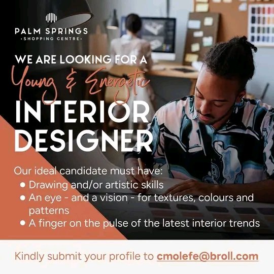 Do you have artistic skills and a vision for textures, colours and patterns? Are you always on top of the hottest interior trends? Then you could be our next interior designer! 

Submit your CV and examples of your work at cmolefe@broll.com 📧

Location: Palmsprings, Vaaltriangle