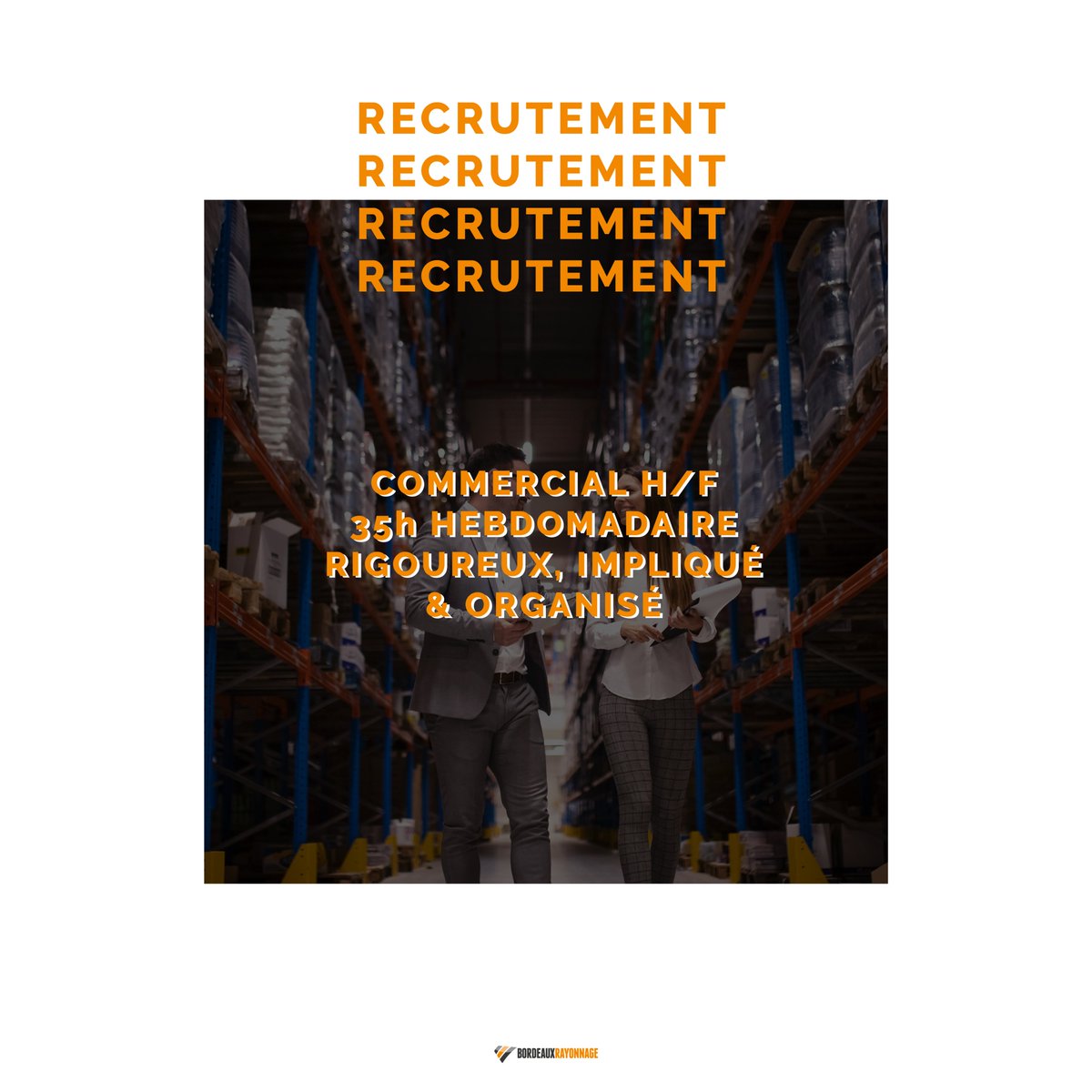 BdxRayonnage's tweet photo. [ RECRUTEMENT 🔎 ] 
Nous recrutons un #commercial sédentaire h/f pour venir compléter notre #équipe. Titulaire d'un diplôme ou d'une #expérience commerciale. Le commercial devra être rigoureux, #motivé et organisé ! EnvoyeZ vos #candidatures : ablanc.bordeauxrayonnage@gmail.com https://t.co/QX2nR9YMgC