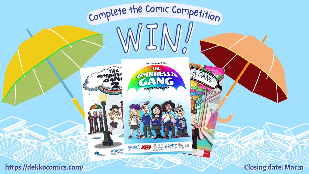 Dekko Comics (@dekkocomics) on Twitter photo #WorldBookDay2023 kicks off tomorrow and what better way to celebrate the power of storytelling than with a Complete the Comic competition! You could Win a set of comics we developed with <a href="/ADHDFoundation/">The Neurodiversity Charity ADHD Foundation</a>, The Umbrella Gang! To find out more, visit: dekkocomics.com/comic-competit… #WBD #WorldBookDay2023 kicks off tomorrow and what better way to celebrate the power of storytelling than with a Complete the Comic competition! You could Win a set of comics we developed with <a href="/ADHDFoundation/">The Neurodiversity Charity ADHD Foundation</a>, The Umbrella Gang! To find out more, visit: dekkocomics.com/comic-competit… #WBD