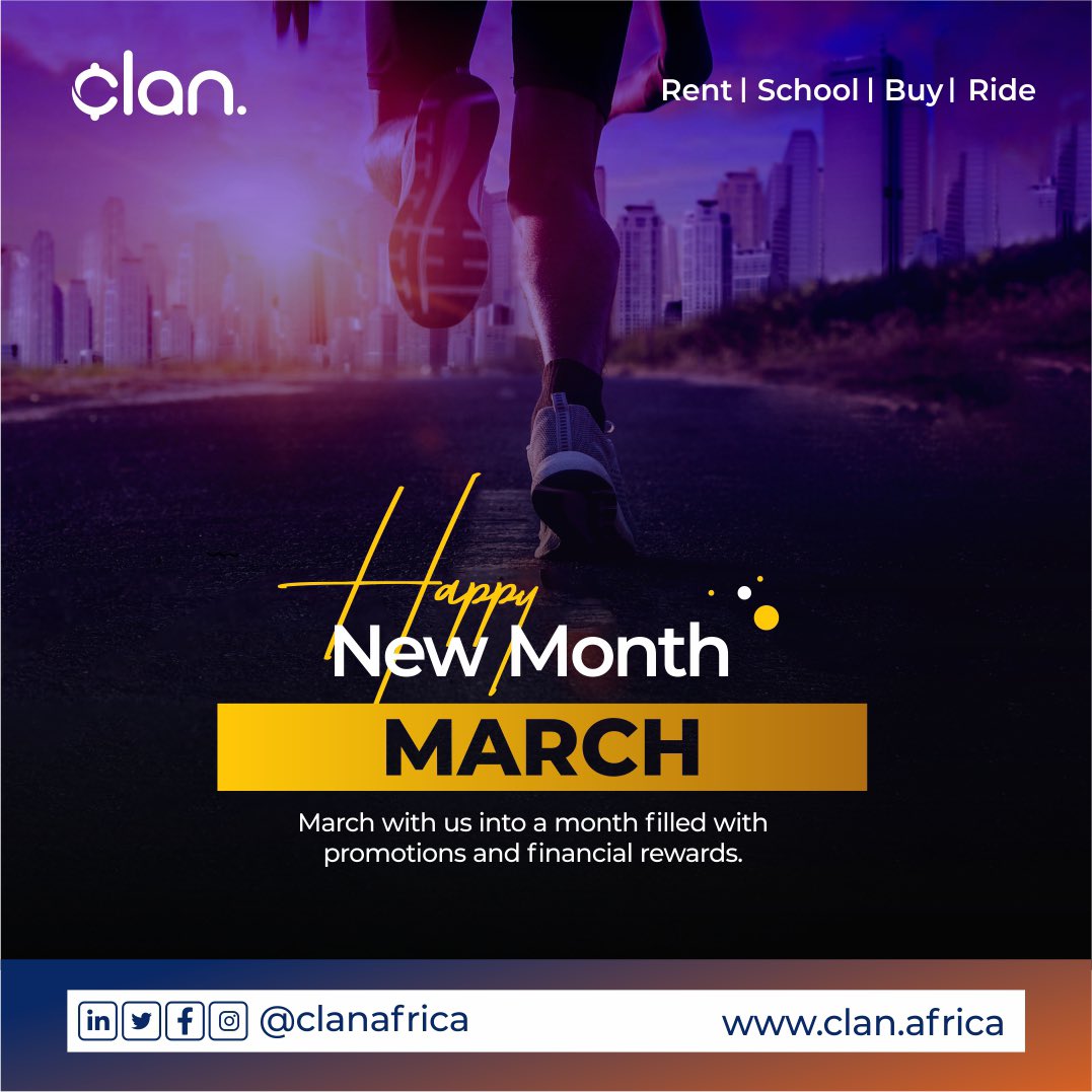 clanafricahq's tweet photo. Welcome to a month filled with unlimited opportunities and financial rewards.
Happy new month.
#bnpl #ride #rent #payservice #clan #clanafrica https://t.co/lyHJDwWA1w