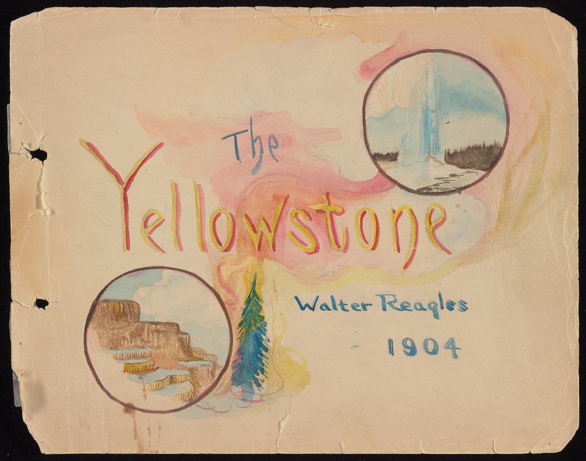 Captioned watercolor and pen and ink drawings of scenery and fellow visitors in Yellowstone National Park. Complete work digitized: bit.ly/3b0bJKz