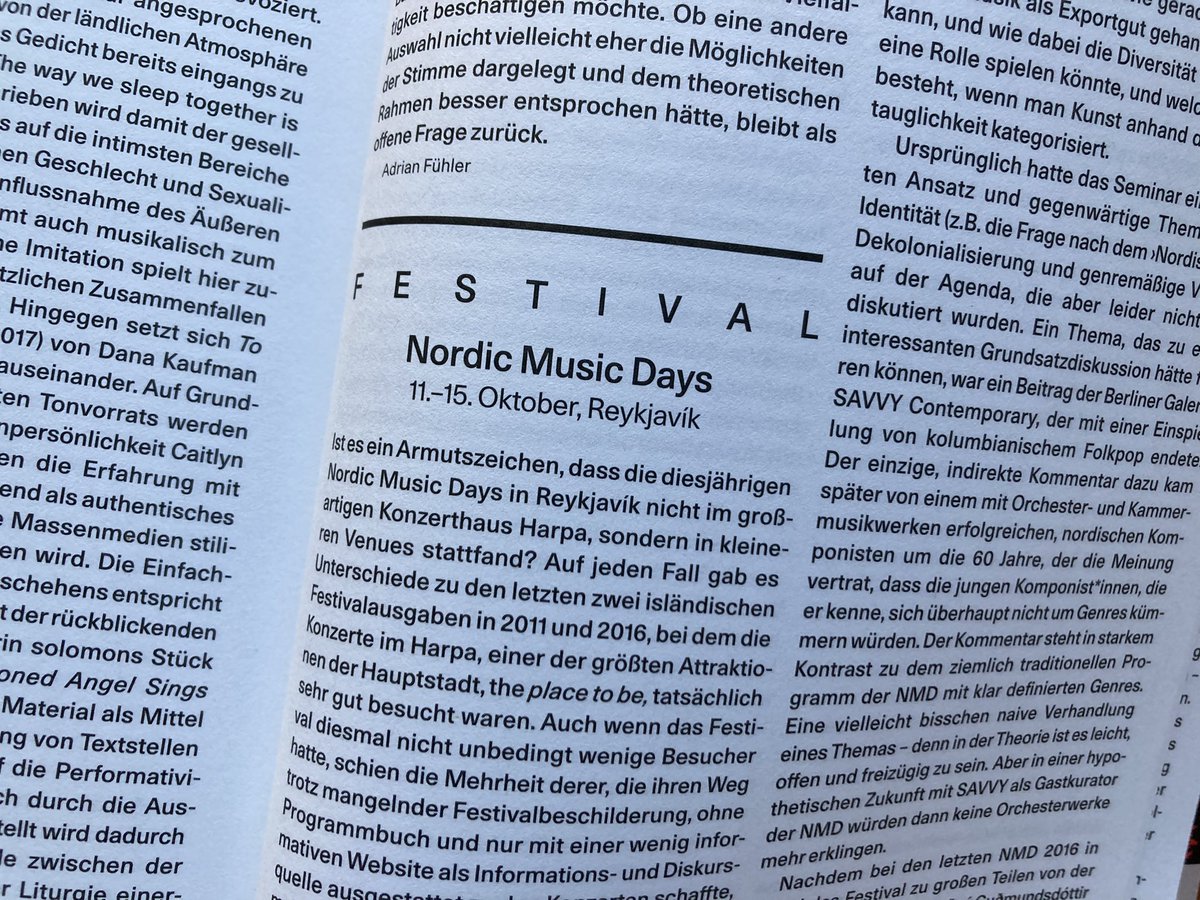 In the new issue of @PositionenMusik I have a few reviews: Frequenz Festival in Kiel, Sound Art in Public Spaces, at @Sounds_Now_  @SPORfestival in Århus, and @NordicMusicDays in Reykjavík, which I co-wrote together with Katja Heldt. All in all some very interesting experiences.