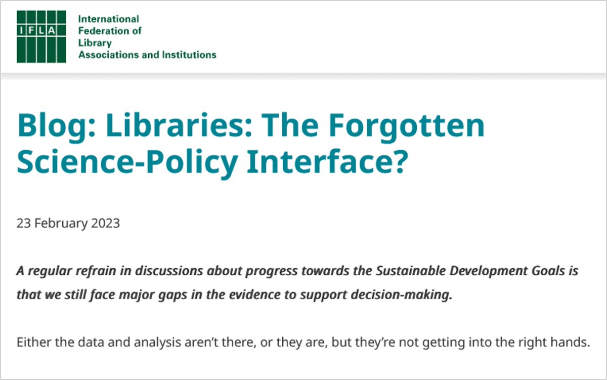 EIUI_Dal's tweet image. As efforts continue to meet the UN #SDGs, #libraries globally can be key actors at #SciencePolicyInterfaces (SPIs). Check the @IFLA blog re libraries supporting access to evidence, advocating for #OpenAccess &amp;amp; #OpenScience, &amp;amp; acting as SPIs in government ifla.org/news/blog-libr…