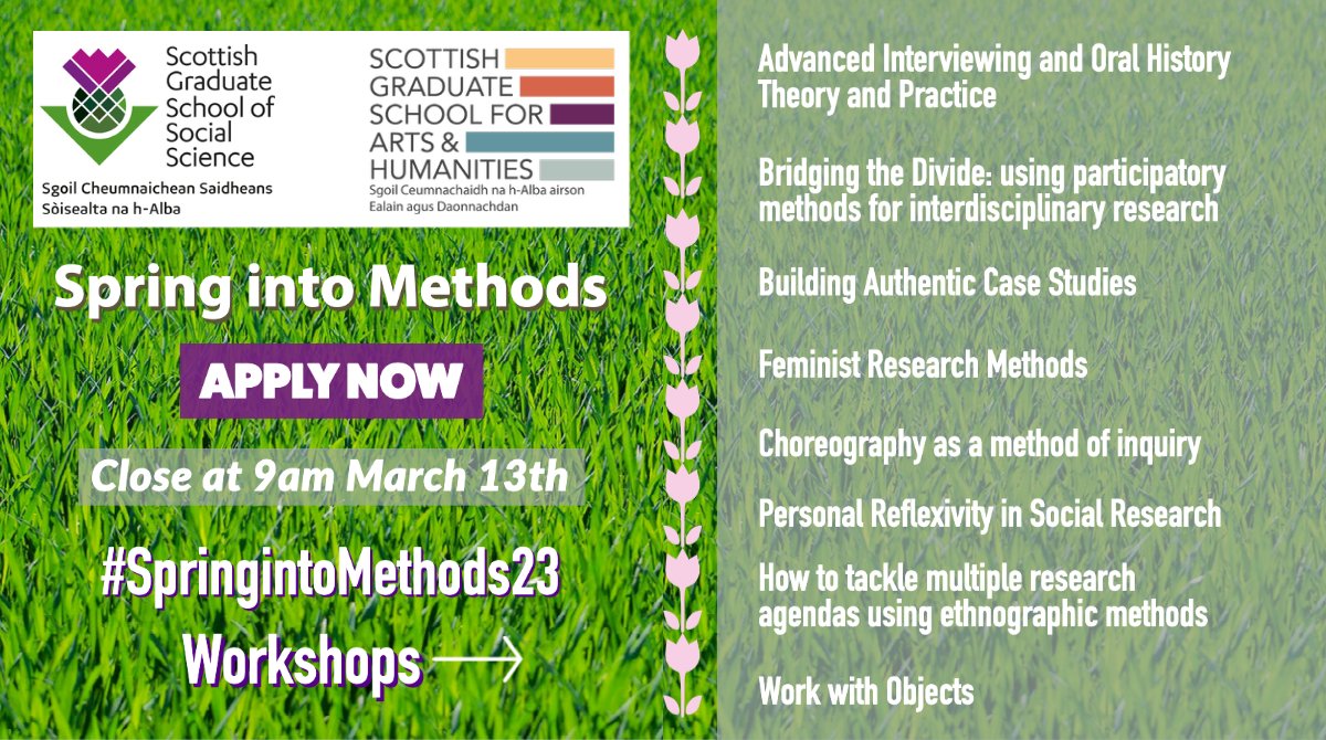 📢Attention researchers! Together with <a href="/sgsah/">SGSAH</a> we are delighted to announce that applications to attend #SpringintoMethods23 interdisciplinary PGR training workshops are now open! 

⏰Application deadline 13 March. 

Apply now 👉social.sgsss.ac.uk/spring-into-me…
