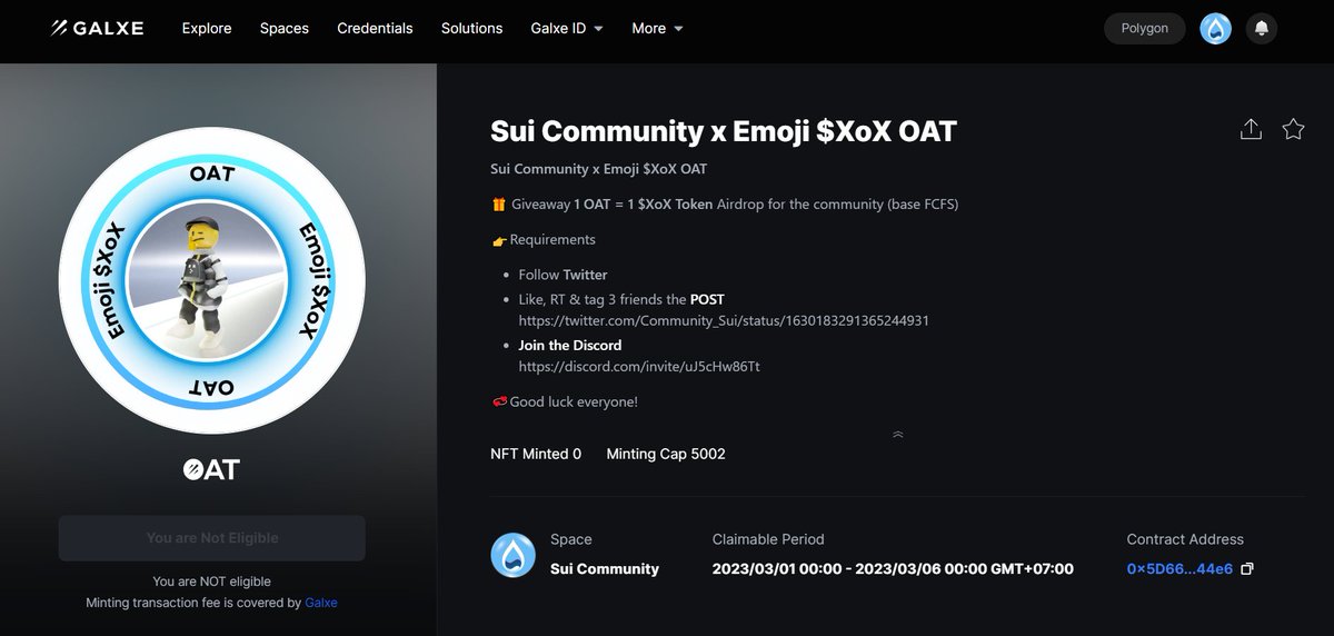 Sui Community💧 (@community_sui) on Twitter photo Sui Community x <a href="/emojixox/">Emoji $XoX</a> OAT😍
🎁 Giveaway 1 OAT = 1 $XoX Token Airdrop for the community (5000 OAT base FCFS). Rewards will distribute after #Sui mainnet.
📌Claim OAT
galxe.com/suicommunity/c…
Like & RT to get started🙏
#Sui #SuiCommunity #OAT Sui Community x <a href="/emojixox/">Emoji $XoX</a> OAT😍
🎁 Giveaway 1 OAT = 1 $XoX Token Airdrop for the community (5000 OAT base FCFS). Rewards will distribute after #Sui mainnet.
📌Claim OAT
galxe.com/suicommunity/c…
Like & RT to get started🙏
#Sui #SuiCommunity #OAT