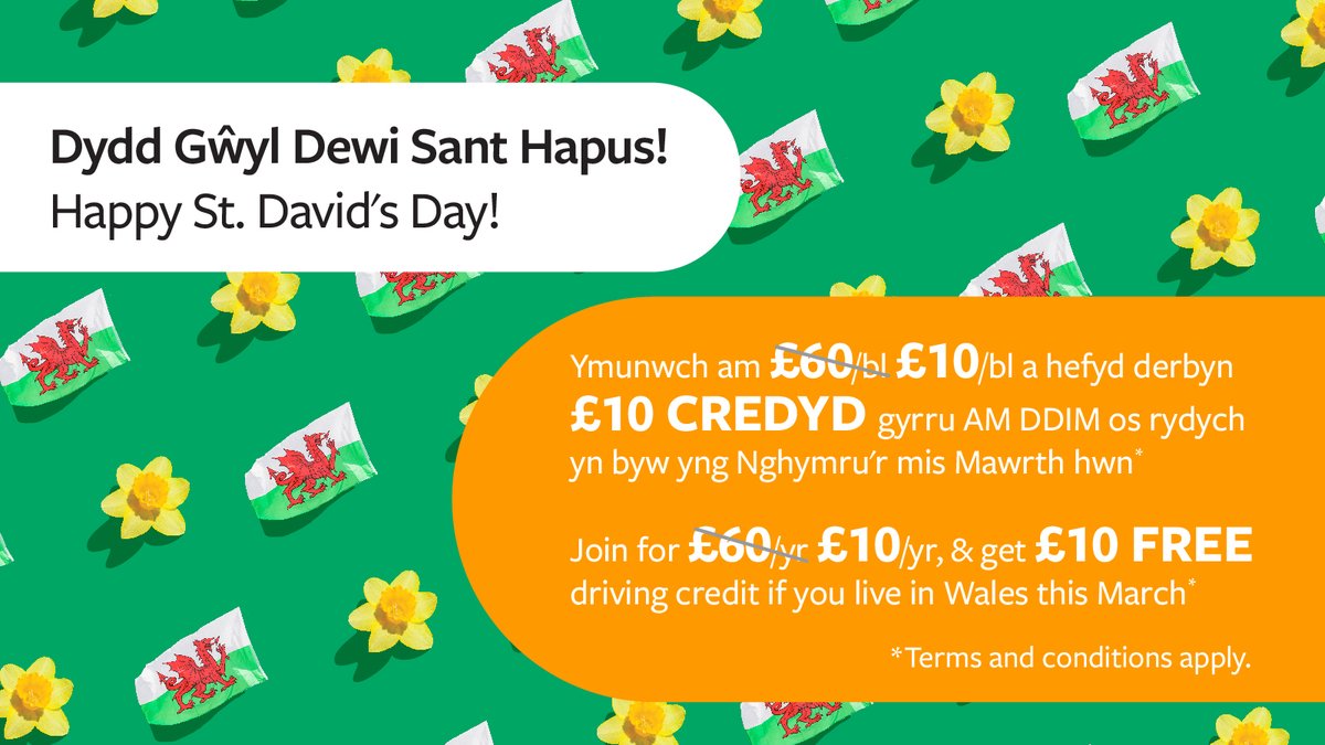 Dydd Gŵyl Dewi Sant hapus! I ddathlu, rydym yn cynnig cyfle i bobl sy’n byw yng Nghymru i ymuno a Enterprise Car Club, talwch £10 am aelodaeth y flwyddyn gyntaf (£60 y/b yn arferol) a chewch £10 credyd gyrru AM DDIM!* Am fwy o wybodaeth ewch i bit.ly/3Z77MtR.