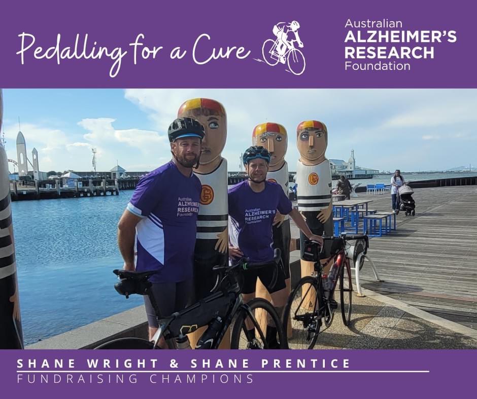 AlzResearchAU's tweet photo. Shane Wright and Shane Prentice are two individuals who share a passion for finding a cure for Alzheimer's disease. In January 2023, they decided to take action by embarking on a 800-kilometre bike ride from Adelaide to Geelong and raised over 6k in the process. #fundraiser https://t.co/hjFggznrWZ