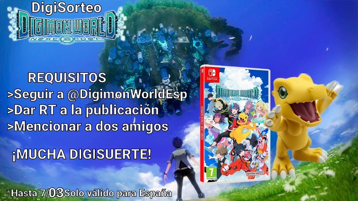 🚨¡#DigiSorteo!🚨
¡Celebramos el lanzamiento de #DigimonWorldNextOrder !
🎁1 copia física Switch+Agumon Sofvimates🎁

👾Sigue a <a href="/DigimonWorldEsp/">Digimon World Spain👾🎮#TimeStranger🔛#BEATBREAK📺</a>
👾RT este tuit
👾Menciona a dos amigos

✨¡Mucha DigiSuerte!✨

*Hasta el 07.03 a las 23:59 h.
**Solo válido para España.

#Digimon