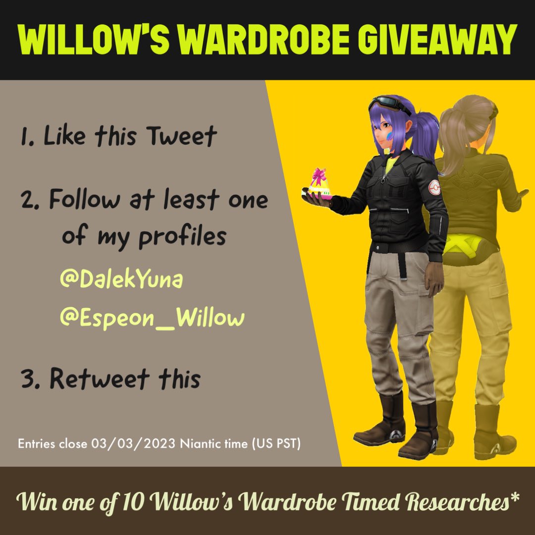 Win a ticket for the timed research to get the Professor Willow avatar outfit! 💙💜

Giveaway running on here and Instagram (enter on both platforms for an extra entry).

#PokemonGO #Pokemon #PokemonGiveaway #ProfessorWillow #RisingHeroes #WillowsWardrobe