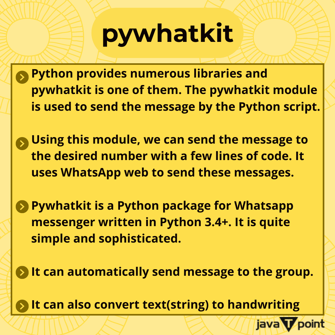 Bhavana83491661's tweet image. pywhatkit
.
.
.
.
for more information
bit.ly/3ICkF8J
check the above link
.
.
.
#bpython #python #pywhatkit #PyOpenGL #programming #java #programminglanguage #programminglanguages #coding #library #javatpoint
