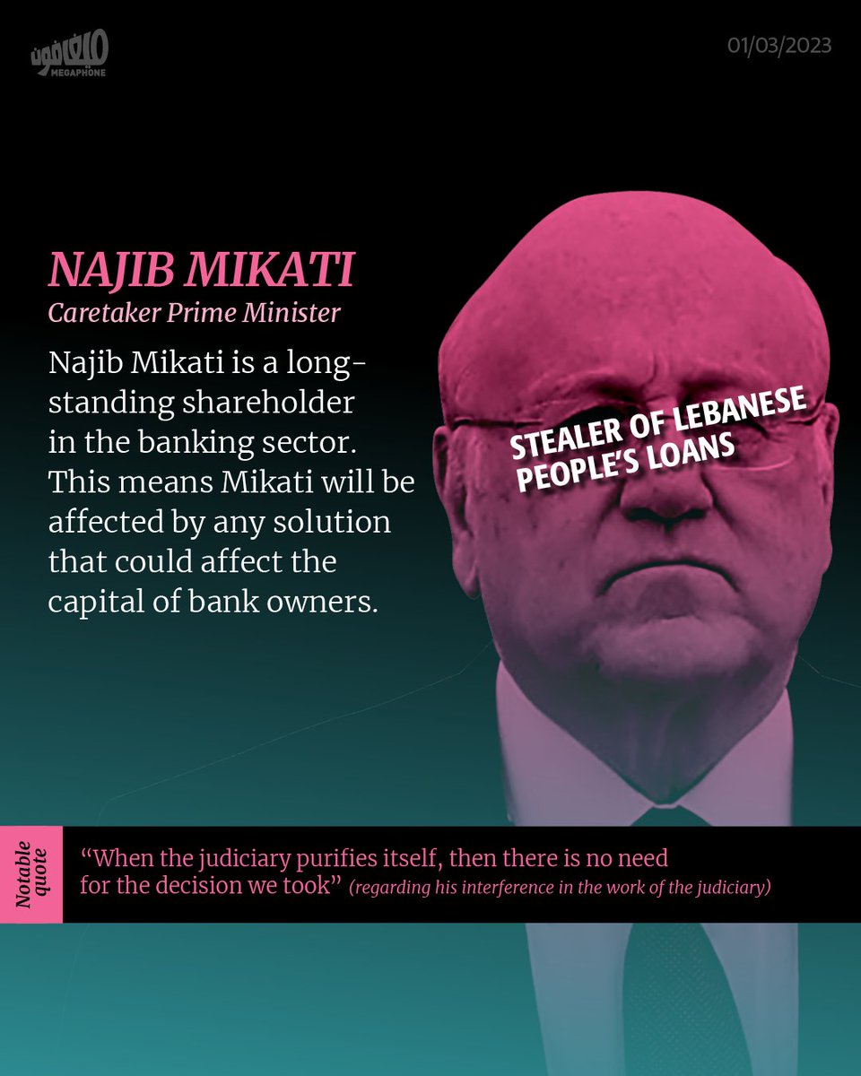 megaphone_news's tweet photo. #Lebanon is ruled today by a group of people who are evading justice and prosecution for various crimes, ranging from the looting of public money, illegal enrichment, and obstructing the law.

#AbbasIbrahim #NabihBerri #GhassanOueidat #GhassanKhoury #RiadSalameh #NajibMikati
1/2 https://t.co/3fTojMHvdD