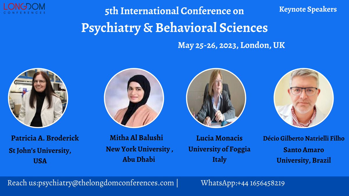 Lets meet our keynote speakers by registering to the conference on #psychiatry and #behavioralsciences at London, UK on May 25-26, 2023.
Register at: lnkd.in/gZWWbYMD
The early bird dates are ending by March 10th, 2023.
#earlybird #UK #medicalhealth #medicine #depression
