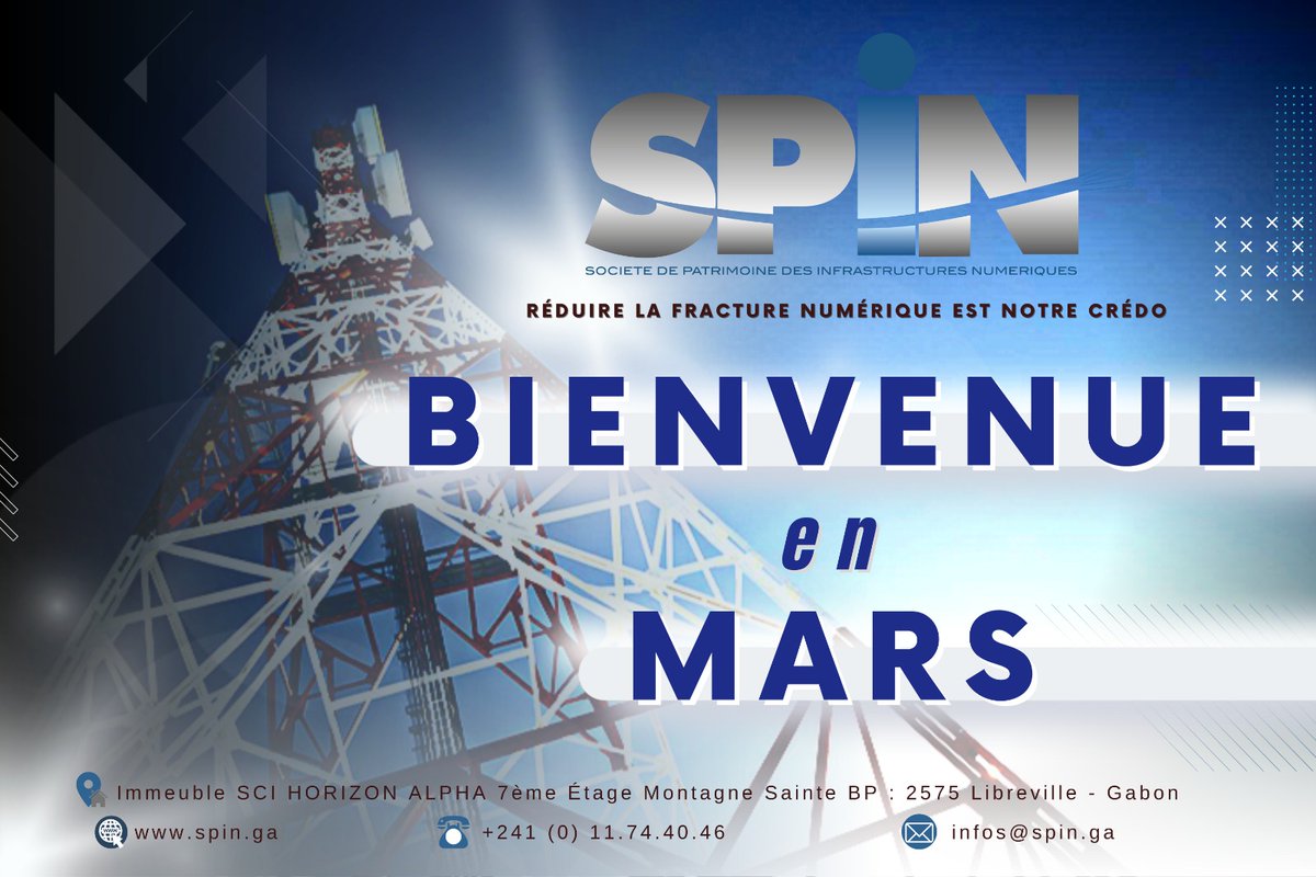 // Réduire La Fracture Numérique //
Société de Patrimoine des Infrastructures Numériques (SPIN)
Passez un très bon début de mois de mars !
 ✅Suivez notre actualité !
#gabon 
#patrimoinenumerique 
#fibreoptiquegabon
#digital
#PAT 
#CAB4