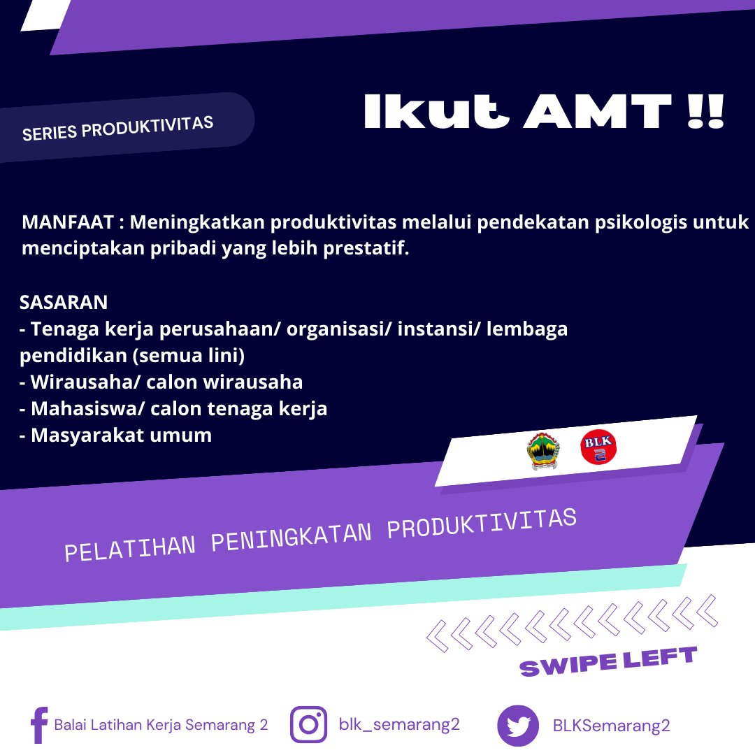 BLKSemarang2's tweet photo. Halo Sobat Produktif, kali ini kami mau berbagi informasi pelatihan peningkatan produktivitas yang ada di BLK Semarang 2 nih. Salah satunya Achievement Motivation Training (AMT), penasaran nggak apa itu pelatihan AMT ? 
#pelatihan #training #seminar #workshop #inhousetraining https://t.co/157Qu7PWYX