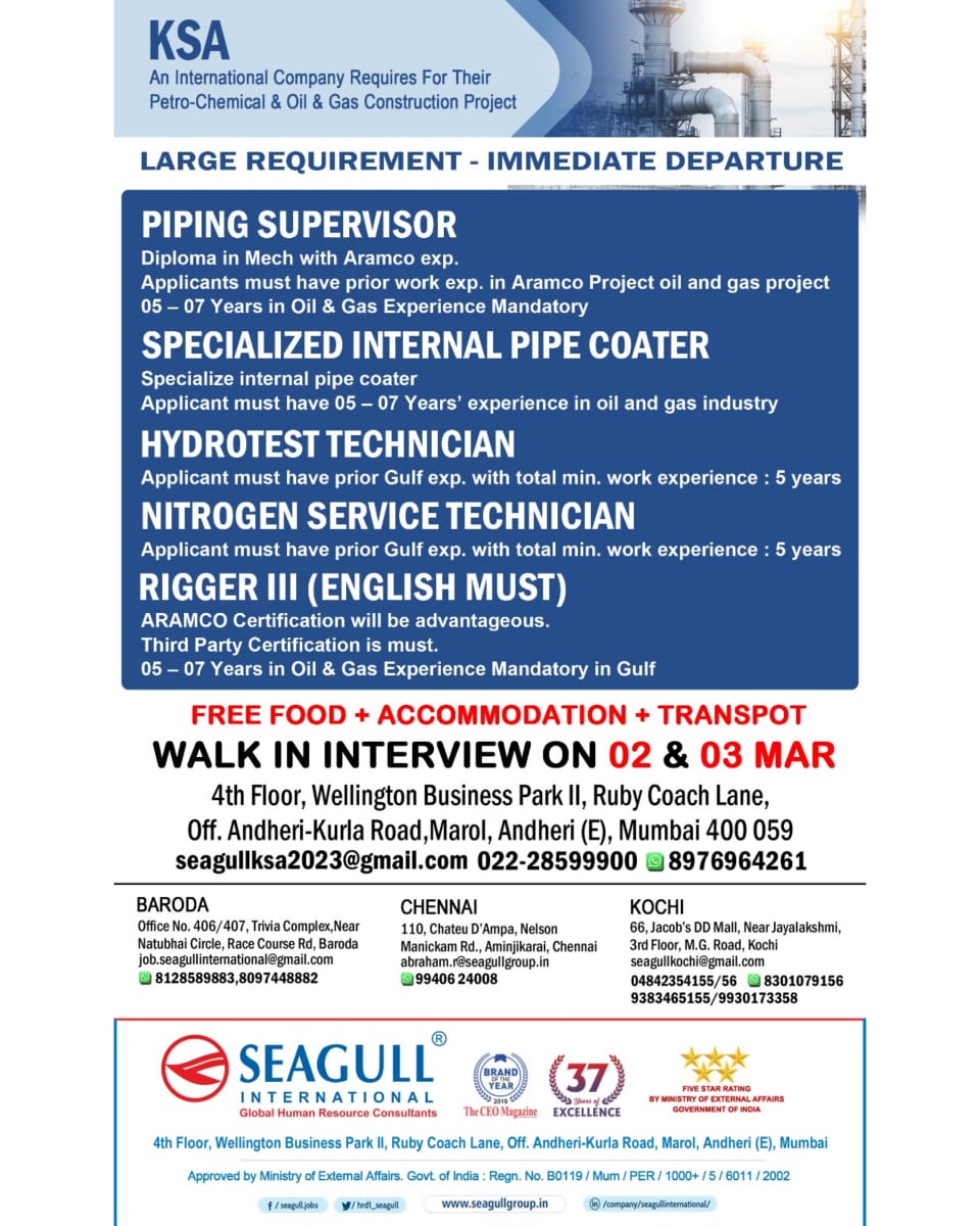 hrd1_seagull's tweet photo. KSA Jobs.
.
.
.
#oilandgasjobs #gulfjobs #saudijobs #gulfjobs #saudiarabiajobs #project #hiringnow #piping #supervisor #specialized #internal #pipe #coating #hydrotest #technician #nitrogen #servicetechnician #rigger #mumbaijobs #chennaijobs #kochijobs #barodajobs https://t.co/BxkxpqUZyN