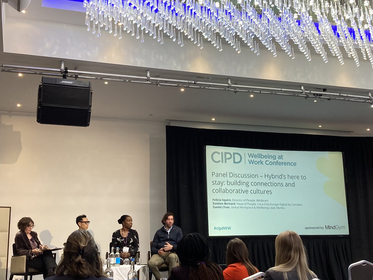 Bring people together for a purpose, use a team charter to craft flexible working where everyone understands each other’s needs, and use technology for inclusion rather than a barrier - great take always from discussing hybrid working @CIPD #cipdWW wellbeing conference