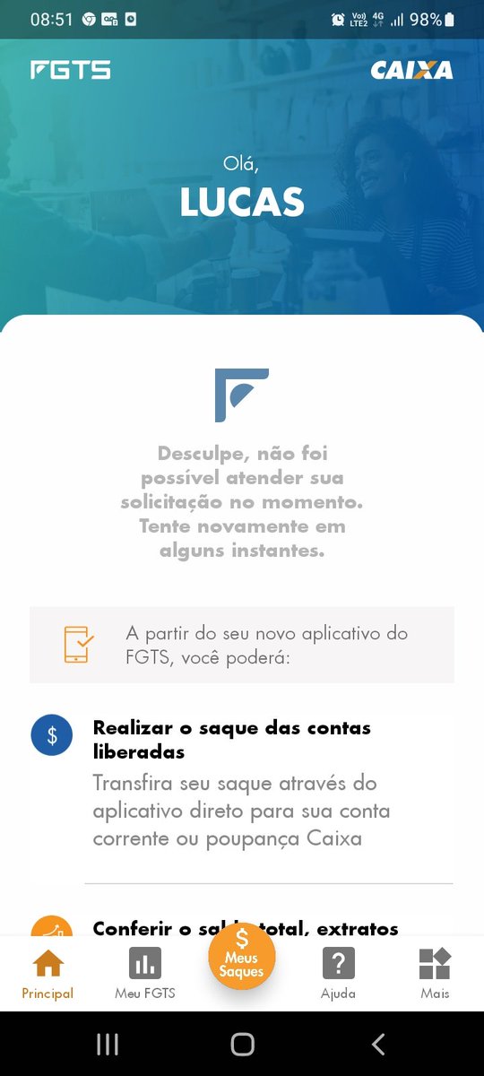 Na minha vez de sacar o saque aniversário, o governo federal vai lá e mete uma atualização do nada.
Aplicativo fica todo travado e não libera o saque
Obrigado governo federal👏👏👏