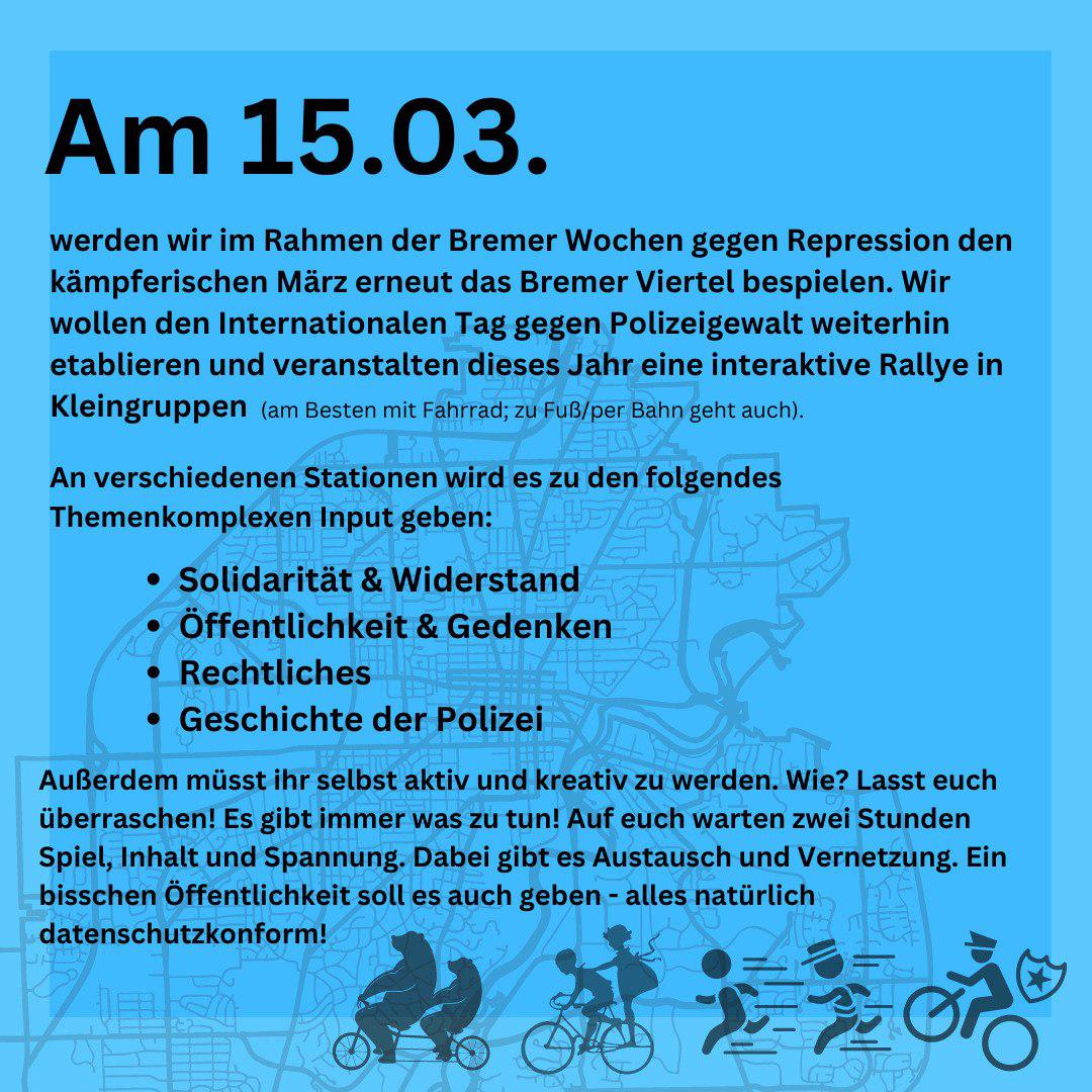 BremenKop's tweet photo. Auch dieses Jahr werden wir den #15MRZ, den internationalen Tag gegen #Polizeigewalt bespielen!
Auch dieses Jahr eingebettet bei den #Bremen | r Wochen gegen Repression.

Tell your friends, wir freuen uns! https://t.co/nhbavvHnGj