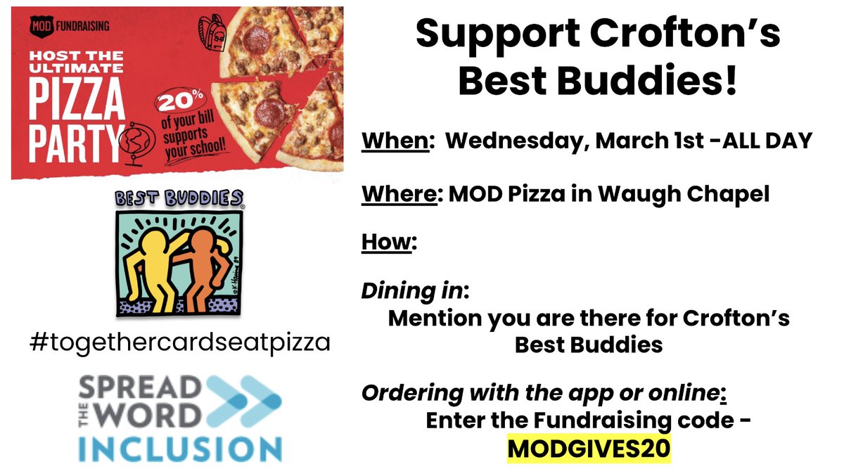 MsLoweCrHS's tweet photo. Join us to help #spreadthewordmd by supporting @BestCrhs at MOD Pizza in Waugh Chapel today!  The fundraiser goes all day!  Eating in - say you are with Best Buddies Crofton!  Ordering online - use the code MODGIVES20 at checkout!  #STWMD #pledgetoinclude #cardschoosetoinclude https://t.co/7daBAMT3NY