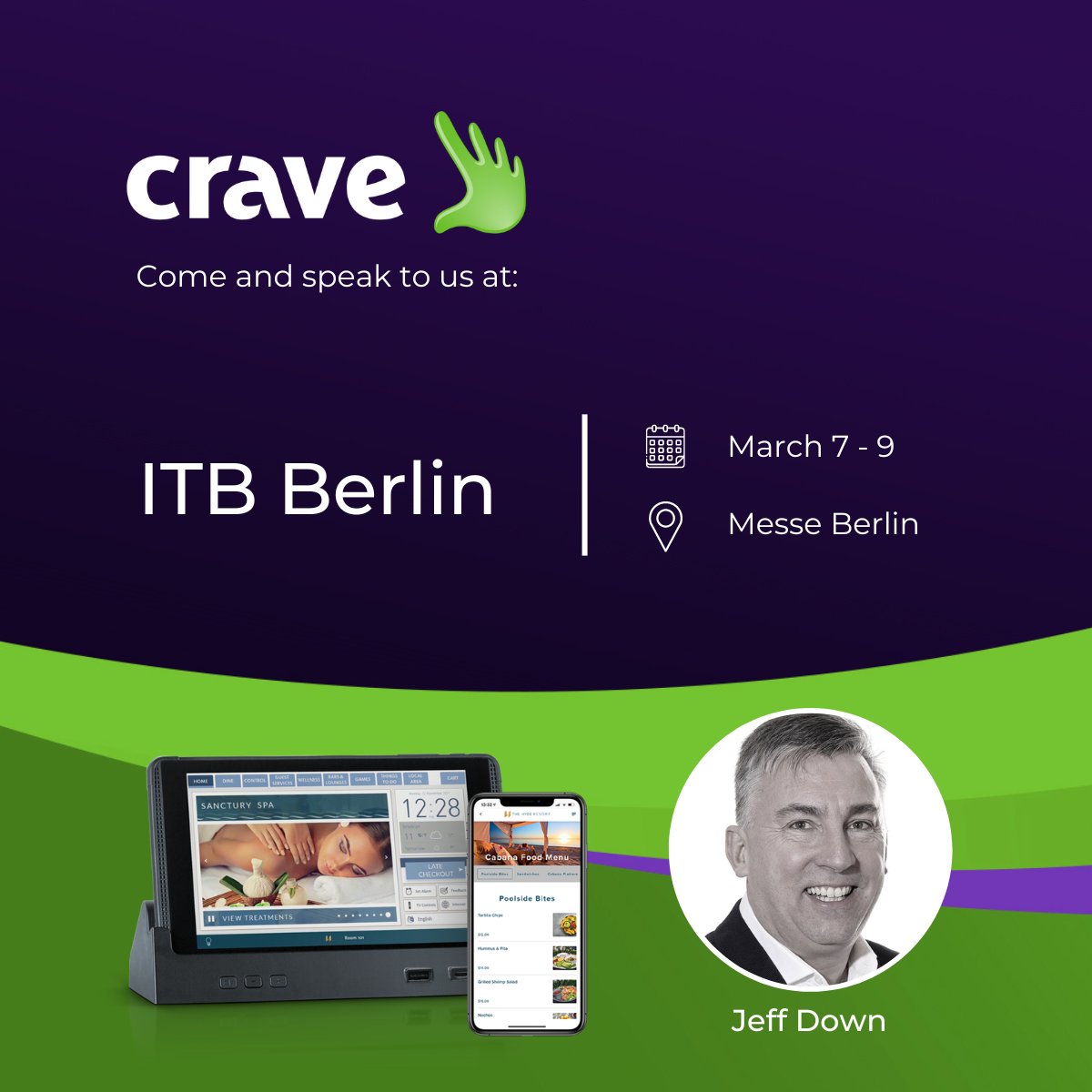 Planning to visit ITB Berlin? Come say hi!

✅ Make your guests feel like VIPs
✅ Improve guest engagement (90% of guests engage with Crave tablets!)
✅ See a compelling ROI (often 15 times the cost!)

Intrigued?
📆 Book a meeting with Jeff at ITB 👉 
bit.ly/3ELIUQH