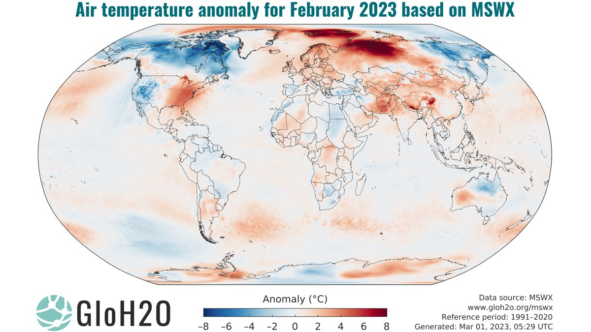 The global average air temperature for February 2023 was 0.29 °C above the 1991–2020 average. Stark east-west contrast across the contiguous US, with a pronounced warm anomaly in the east and a notable cold anomaly in the west.