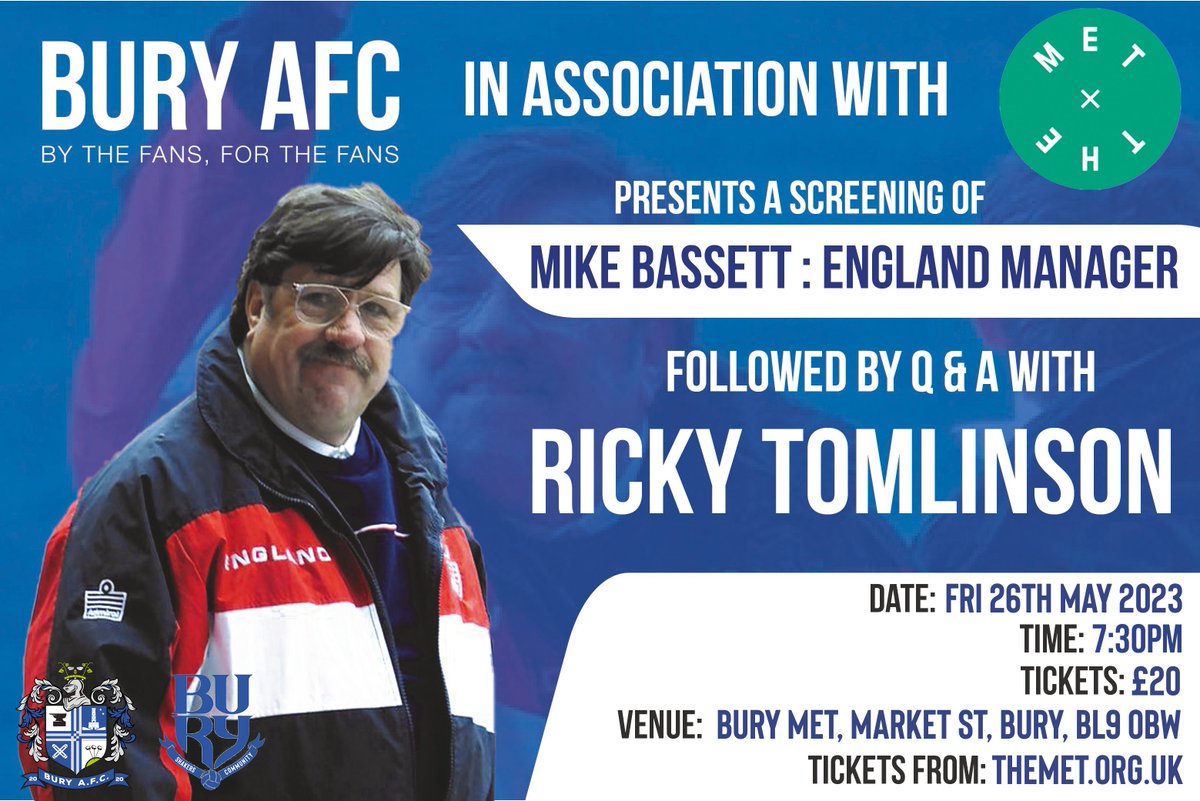 themet's tweet image. Bury AFC in association with The Met presents a screening of the film Mike Bassett: England Manager, followed by a Q&amp;amp;A with its star Ricky Tomlinson! 🙌

Meet a legend. Watch one of his most successful films, then ask him any question you want.

Tickets
👉ow.ly/2HaR50N5INb