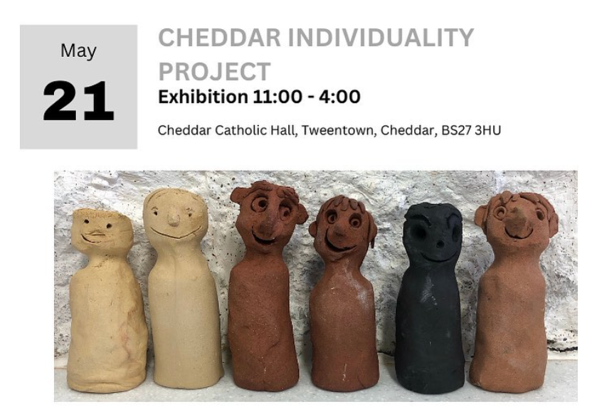 SAVE THE DATE! The Cheddar Individuality Exhibition will see all the fired models on display in one place. Walk round &amp; see all the amazing figures that have been created over the last 6 months. 
The walking trail starts 25 June 2023. #cheddarexhibition #communityart #somerset