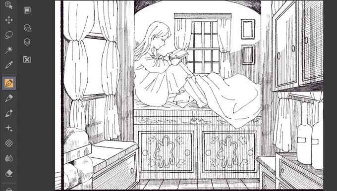 進捗_✍ これは昨日載せたコマのペン入れまで終わったところ 今夜は日付変わるころまで夜更かしして作業したい! 有給消化の関係で、今週はお休みが増えました😌 