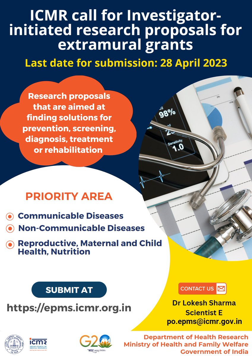 ICMR announced a call for investigator-initiated research proposals for extramural grants. More information is available at bit.ly/3J5acEo Last date for submission is 28/04/2023. @MOHFW_INDIA @DeptHealthRes @NMC_IND @OfficeOf_MM @DrBharatippawar @PIB_India @NHPINDIA