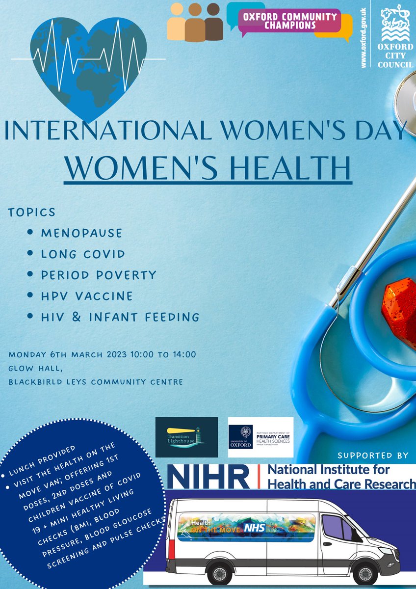 shaistaAziz's tweet photo. .@OxfordCity Community Champions, community groups, partners,  incl @OxPrimaryCare are hosting #IWD2023 event on Women’s Health, Monday 6th March, 10-2pm, Glow Hall, Blackbird Leys. 
#Menopause, #LongCovid, period poverty, HPV vaccine, HIV, infant feeding part of the discussion. https://t.co/KZrt5EKnFM