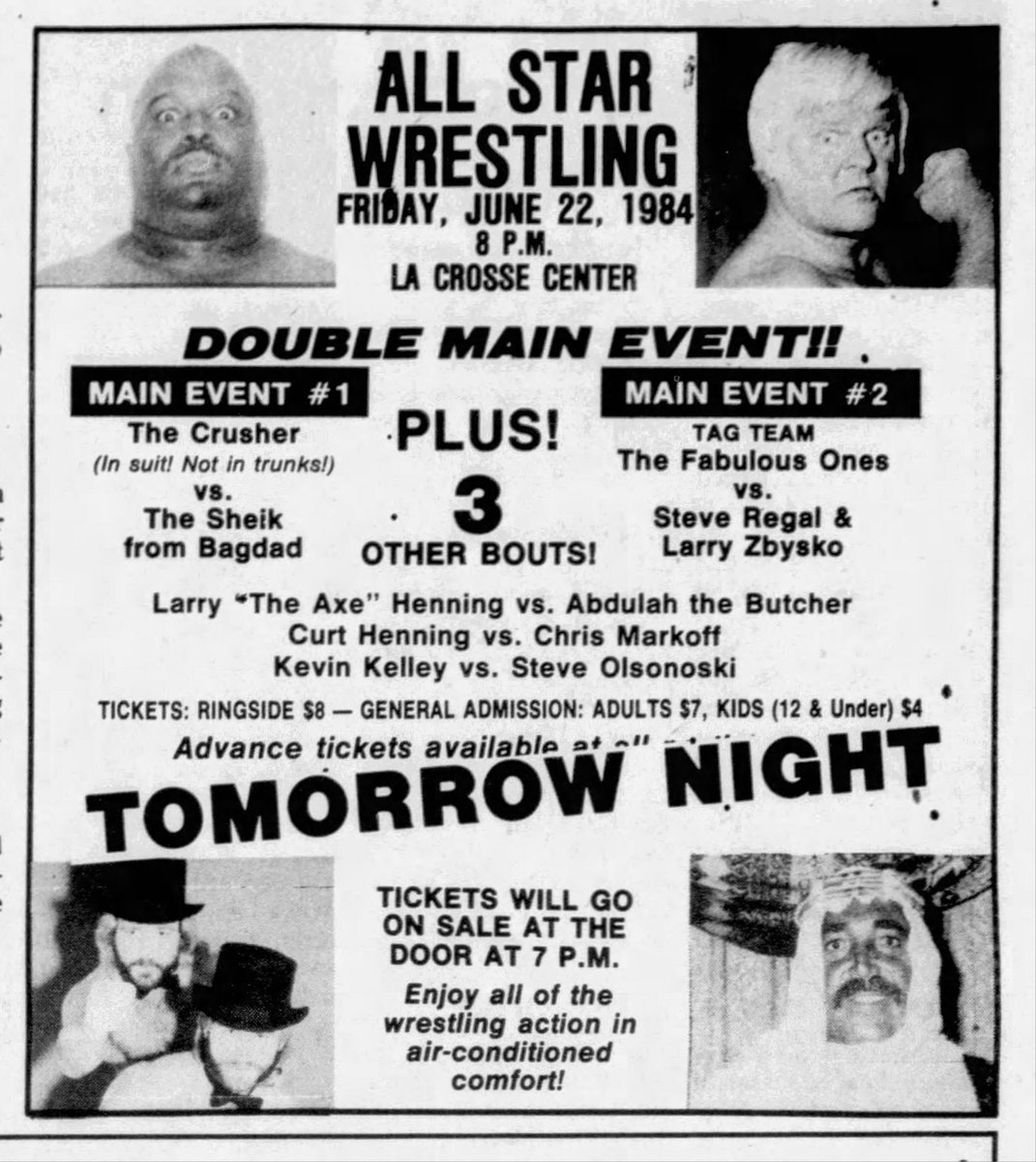 RasslRacine's tweet photo. Crusher (In a Suit!) and Abdullah the Butcher make appearances in La Crosse in this ad from June 21, 1984. https://t.co/oDaaK91FcC