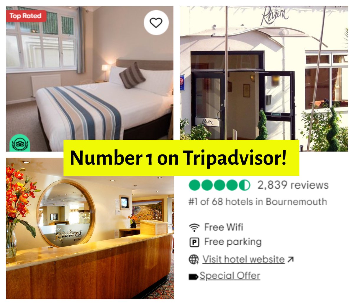 ⭐We have reached number 1 on Tripadvisor again, the best hotel to stay in Bournemouth⭐

Thank you to all our wonderful guests who are continuing to support us by leaving a review.

Haven't experienced a Riviera stay yet? Book today by calling 01202 763653☎️