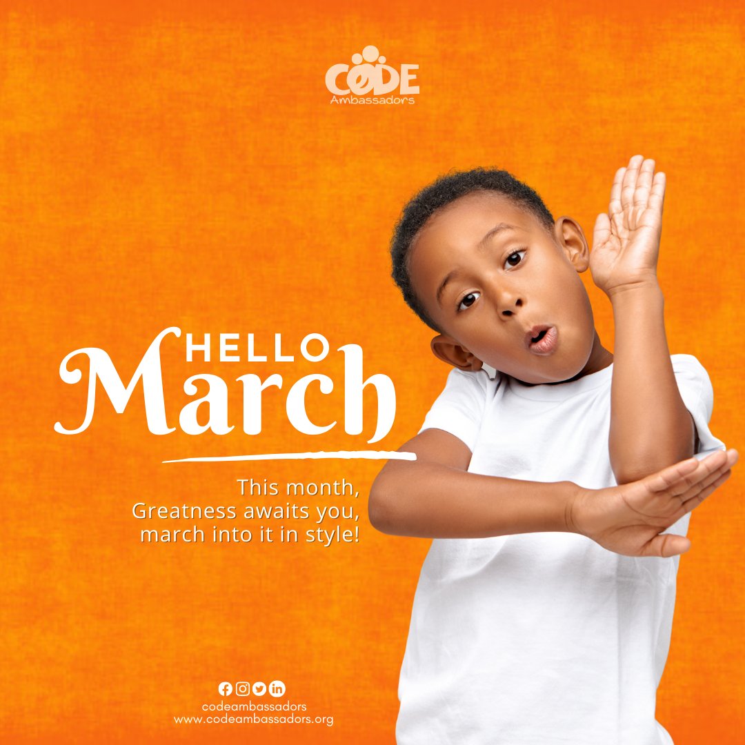 codeambassadors's tweet image. This month,
Greatness awaits you, 
March into it in style!

Happy New Month from us @codeambassadors
.
.
.
.
#codeambassadors
#privatecodinglessons
#weekendcodingclass #codingbootcamp #codingforbeginners