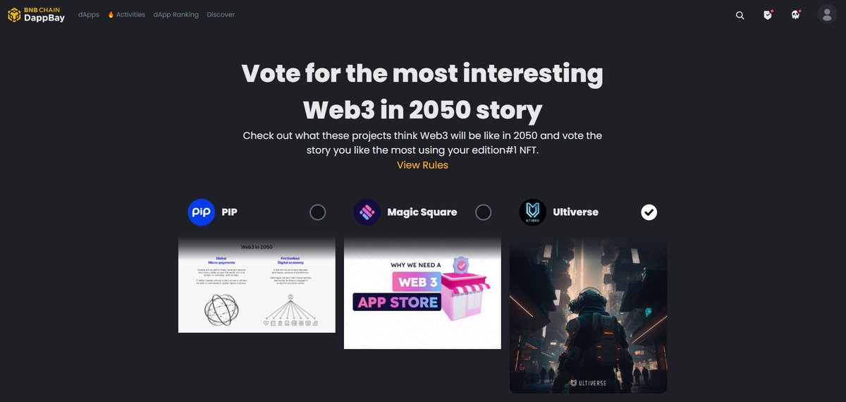 #BNBCHAIN PROJECT SPOTLIGHT "Web3 in 2050 story" is now kicking off! 🔥

🧐Discover Ultiverse's vision of Web3 in 2050 and show your support by voting us with your Edition#1 NFT. ✨

Find out more information at: ⏩dappbay.bnbchain.org/campaign/bnb-c…