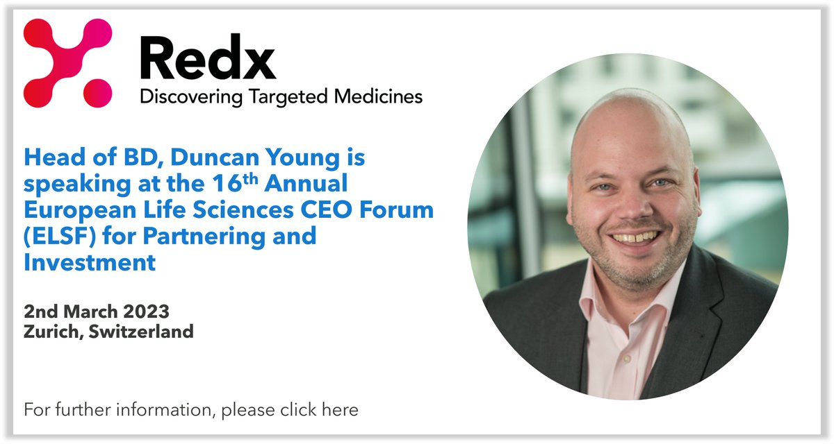 This week Redx Head of BD, Duncan Young, will be participating in the 16th Annual European Lifesciences Forum as a member of the ‘Pharma Dealmakers Roundtable’ on 2nd March at 07:50 GMT (08:50 CET). Further info can be found here: bit.ly/3E5PmSf #Sachs​_ELSF