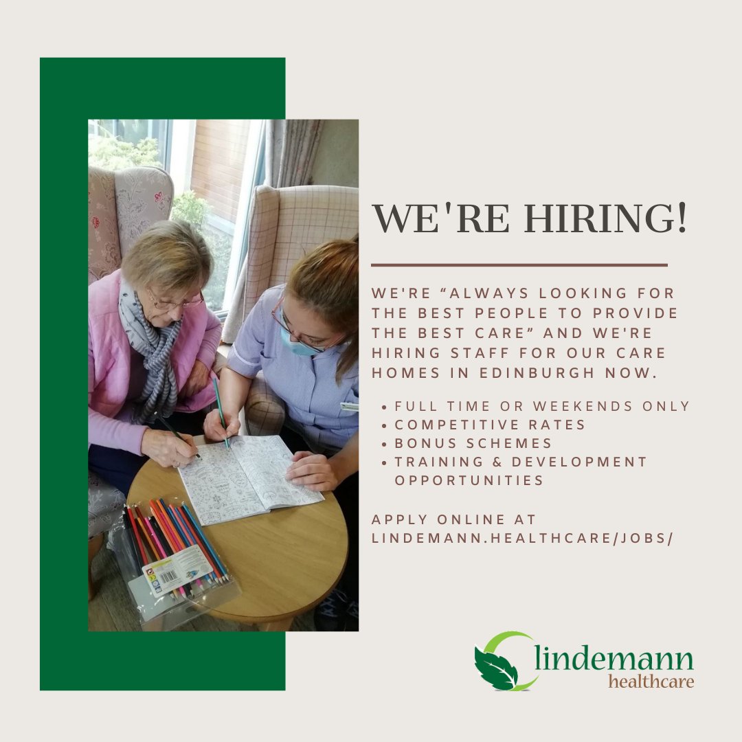 WE’RE #HIRINGNOW IN #EDINBURGH We’re currently looking for an #Administrator, #DomesticCleaner & #ActivityCoordinator to join our #carehome teams in #Morningside, #JuniperGreen & #ColintonVillage.

Apply at lindemann.healthcare/jobs/

#edinburghjobs #jobsearching #HealthcareJobs