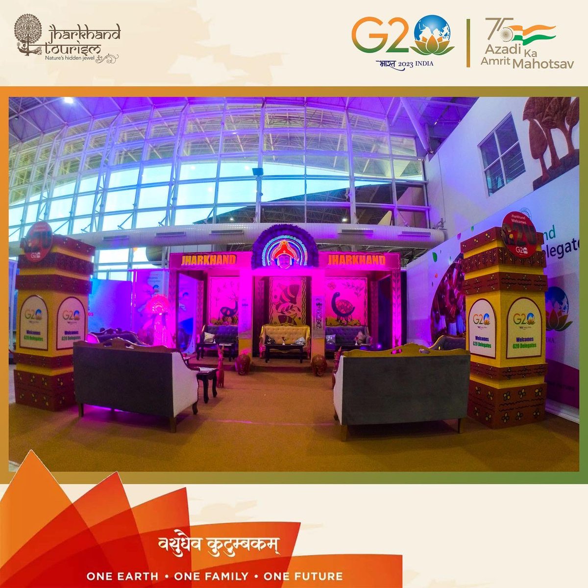 G20 delegates were cordially welcomed at Birsa Munda Airport with a tribal performance on traditional drums.

Date: 2nd - 3rd March, 2023. <a href="/HemantSorenJMM/">Hemant Soren</a>