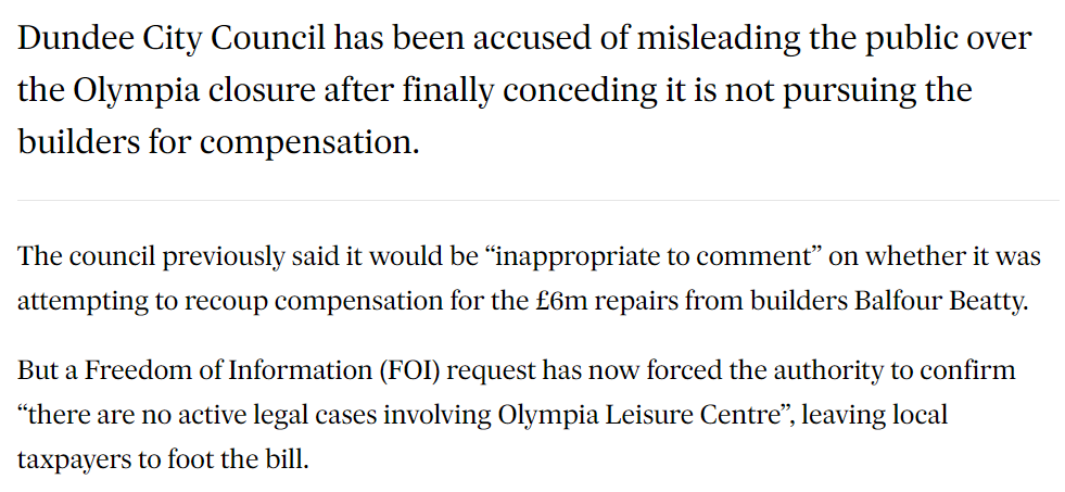 This debacle rolls on and on. Dundee city council has been forced to confirm they are not pursuing the builders of the disatrous Olympia pool, leaving taxpayers to pick up the bill. 

There must be a proper inquiry into the problems at the Olympia and the council’s response.