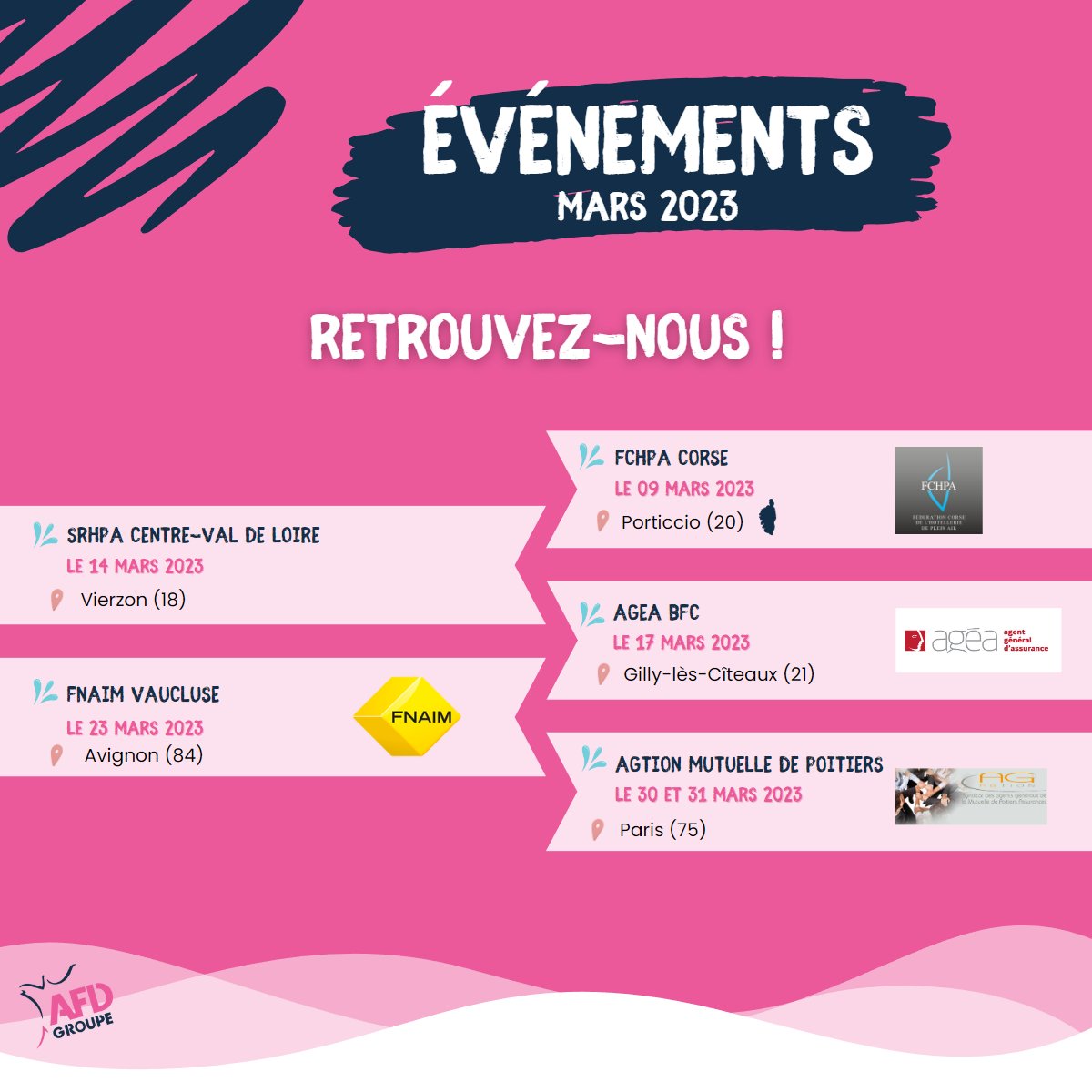 AfdGroupe's tweet photo. Un mois de mars bien chargé pour nos équipes.
Retrouvez-nous sur ces différents événements :

#Camping #Assurance #Immobilier #Mutuelle #Sinistre https://t.co/n9svvsY0KP