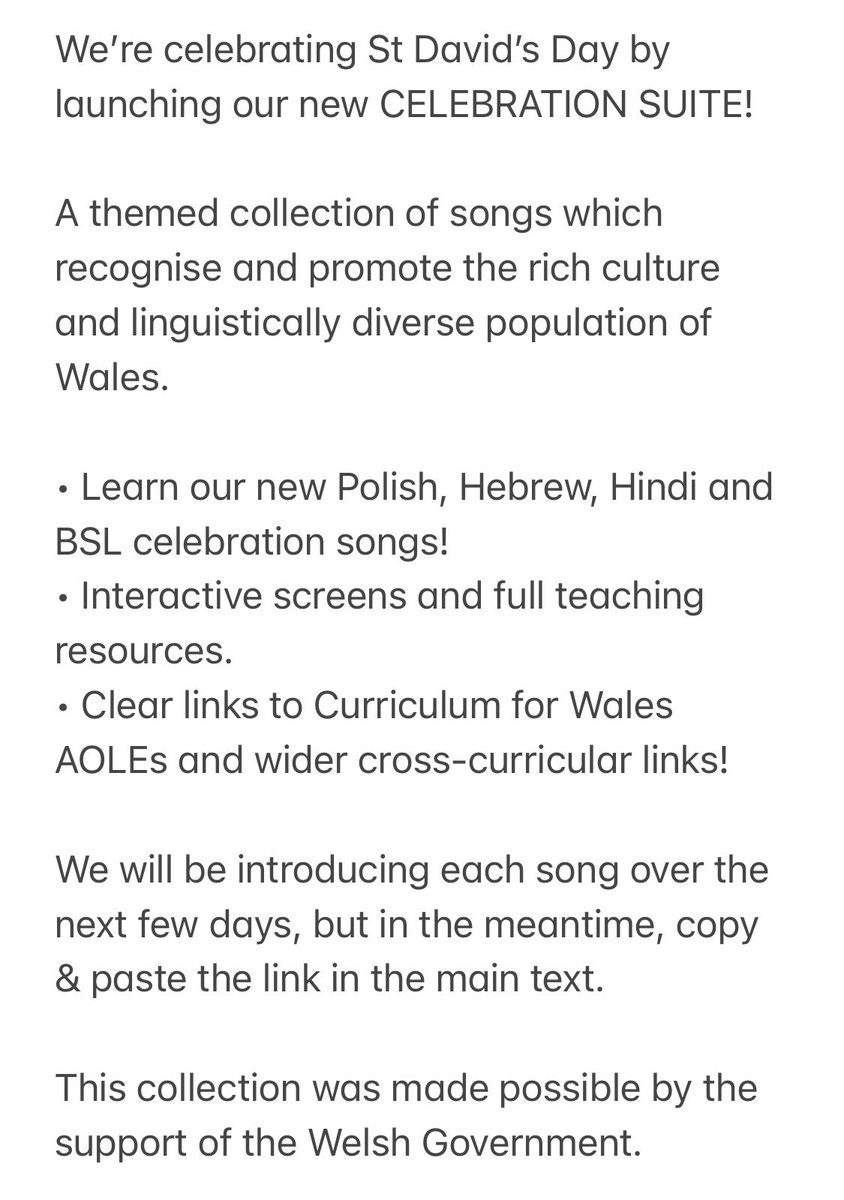 cansingcymru's tweet photo. 🏴󠁧󠁢󠁷󠁬󠁳󠁿 We’re celebrating St David’s Day by launching our new CELEBRATION SUITE!🏴󠁧󠁢󠁷󠁬󠁳󠁿
 
We will be introducing each song over the next few days, here’s the link:
 
https://t.co/XIWjOjiCiT
 
#CurriculumforWales #ExpressiveArts #music #singing #crosscurricular #Polish #Hebrew #BSL #Hindi https://t.co/MkrCEPMT0f