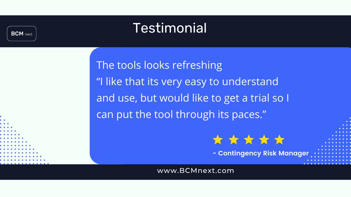 BCM_next's tweet image. We heard you! Sign up to get exclusive trial access within 60 mins. bcmnext.com/book-demo
.
#testimonial #bcmnext #disasterrecovery #review #businesscontinuity #riskmanagement #business #crisismanagement #resilience #technology #customerreview #businesscontinuityplan