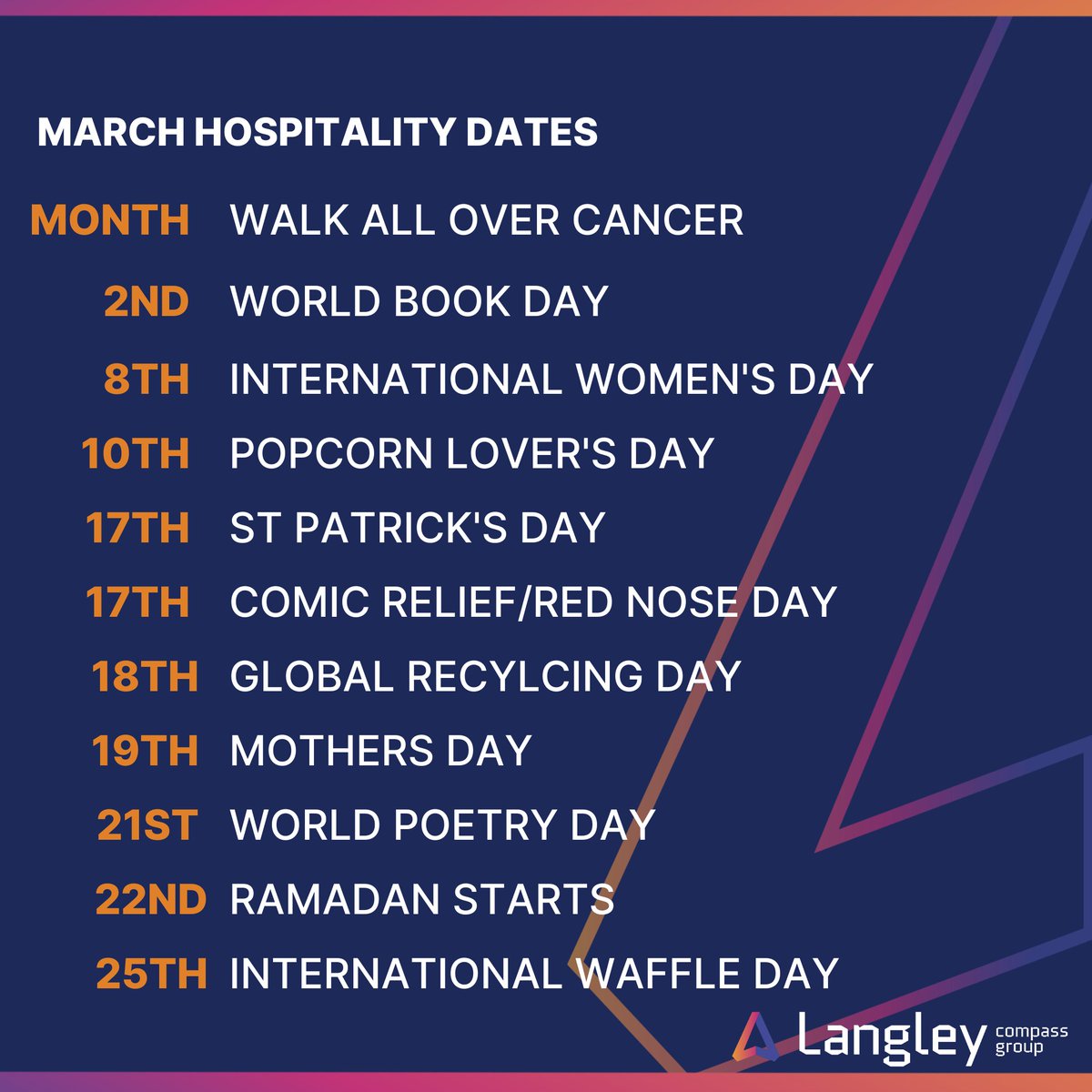 Mark your calendars for March! 🗓

With another busy month ahead, here is another set of key dates to add to your hospitality calendars! ✅

What are you most looking forward to in March? 💭👇🏼

#KeyDates #HospitalityDates #HospitalityKeyDates #March #WorcestershireHour