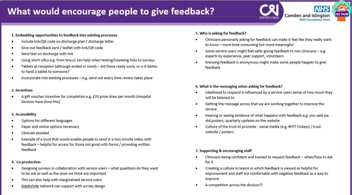 We're working with  Camden Division to increase meaningful #feedback and use this to improve #ServiceUserExperience... our first #QI workshop generated lots of ideas but we'd love to hear more! Has anyone tried something that's worked well? @CI_NHS @Alice_CamdenMH