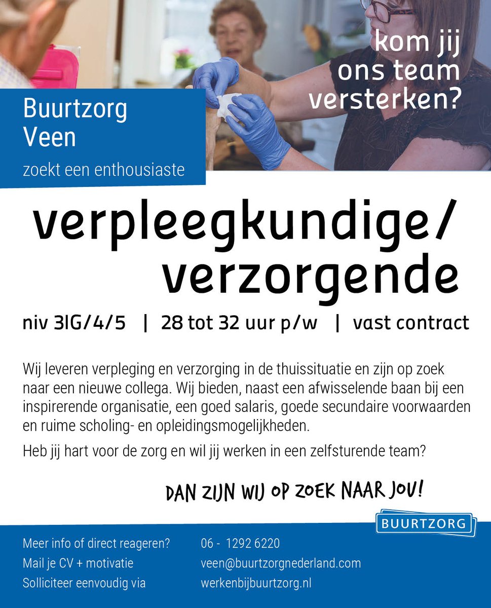 buurtzorg's tweet photo. #Buurtzorg #VEEN zoekt een enthousiaste #verzorgendeIG / #verpleegkundige #28tot32uurperweek #vastcontract. Heb jij hart voor de zorg? Kom werken bij Buurtzorg! Solliciteer eenvoudig via https://t.co/NayOidFpPb https://t.co/L7g2jrRJF5