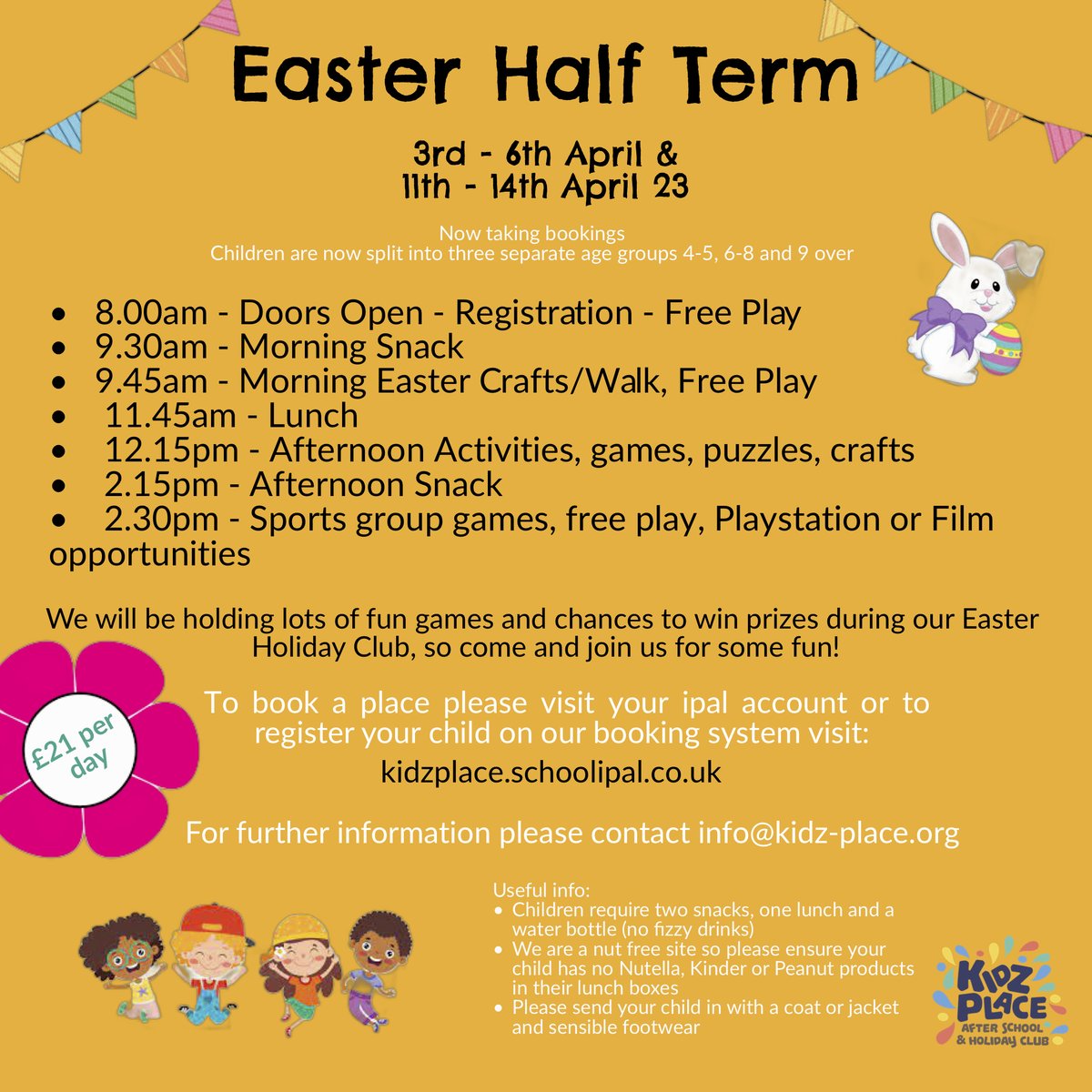 Our next holiday club is now taking bookings. Please visit your ipal account to book in or visit kidzplace.schoolipal.co.uk to register 🐰👒🌼

#easterholidays #holidayclub #kidzplace #wavertree #easterfun #childcare